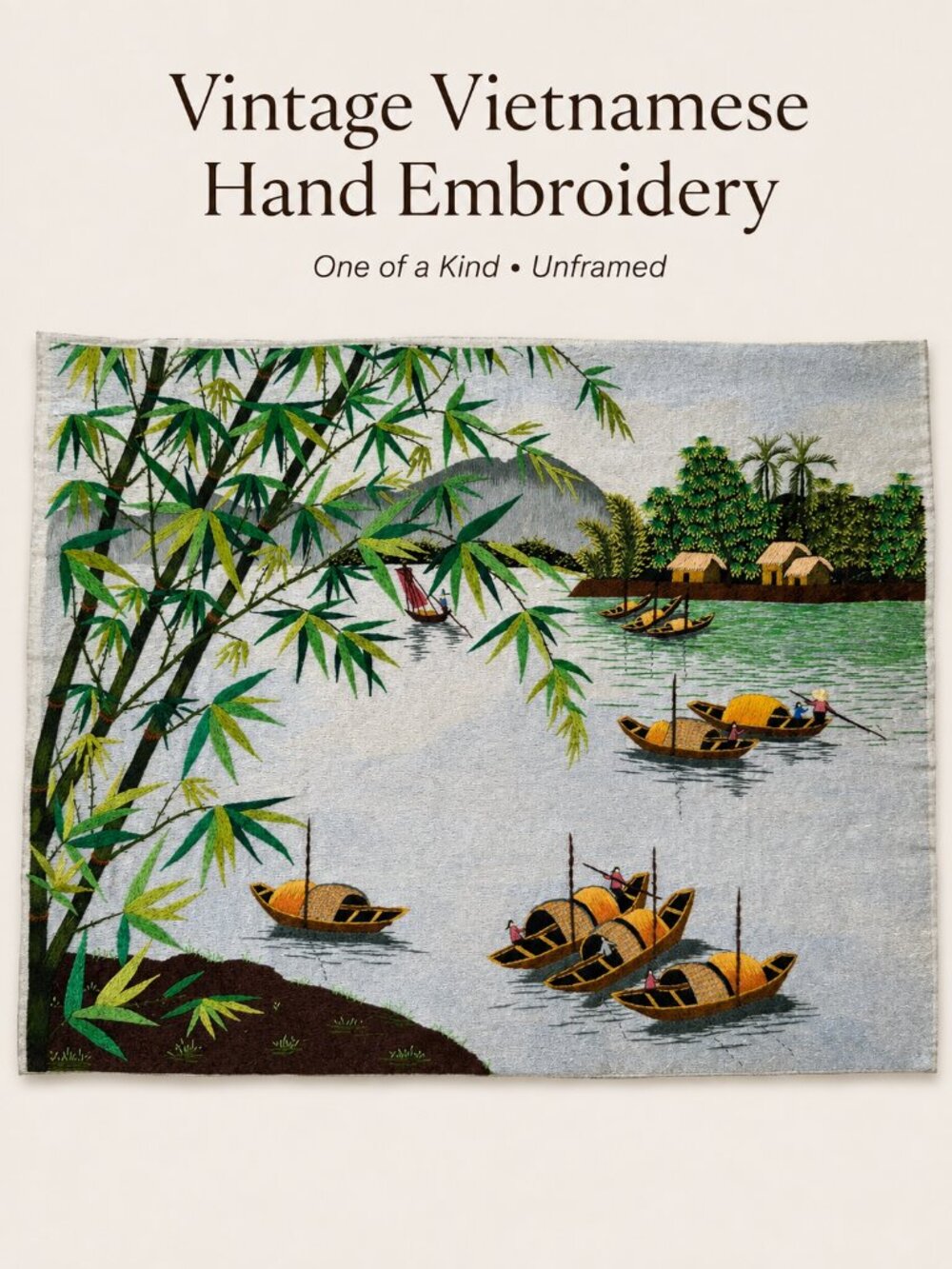 Vintage Vietnamese Hand Embroidered River Boat Textile Art 13-14x20-22 Unframed